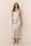 Light blue striped midi skirt with lace hem, draped fitted look