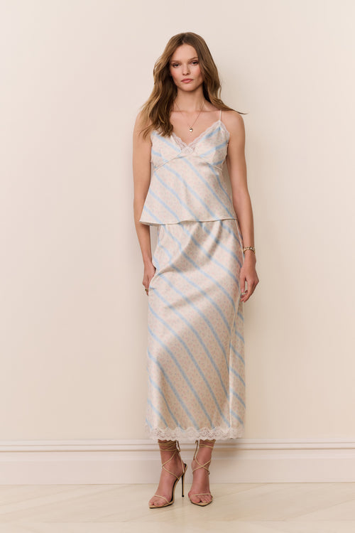 Light blue striped midi skirt with lace hem, draped fitted look