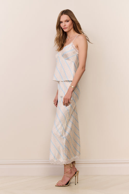 Light blue striped midi skirt with lace-edged hem, fitted silhouette