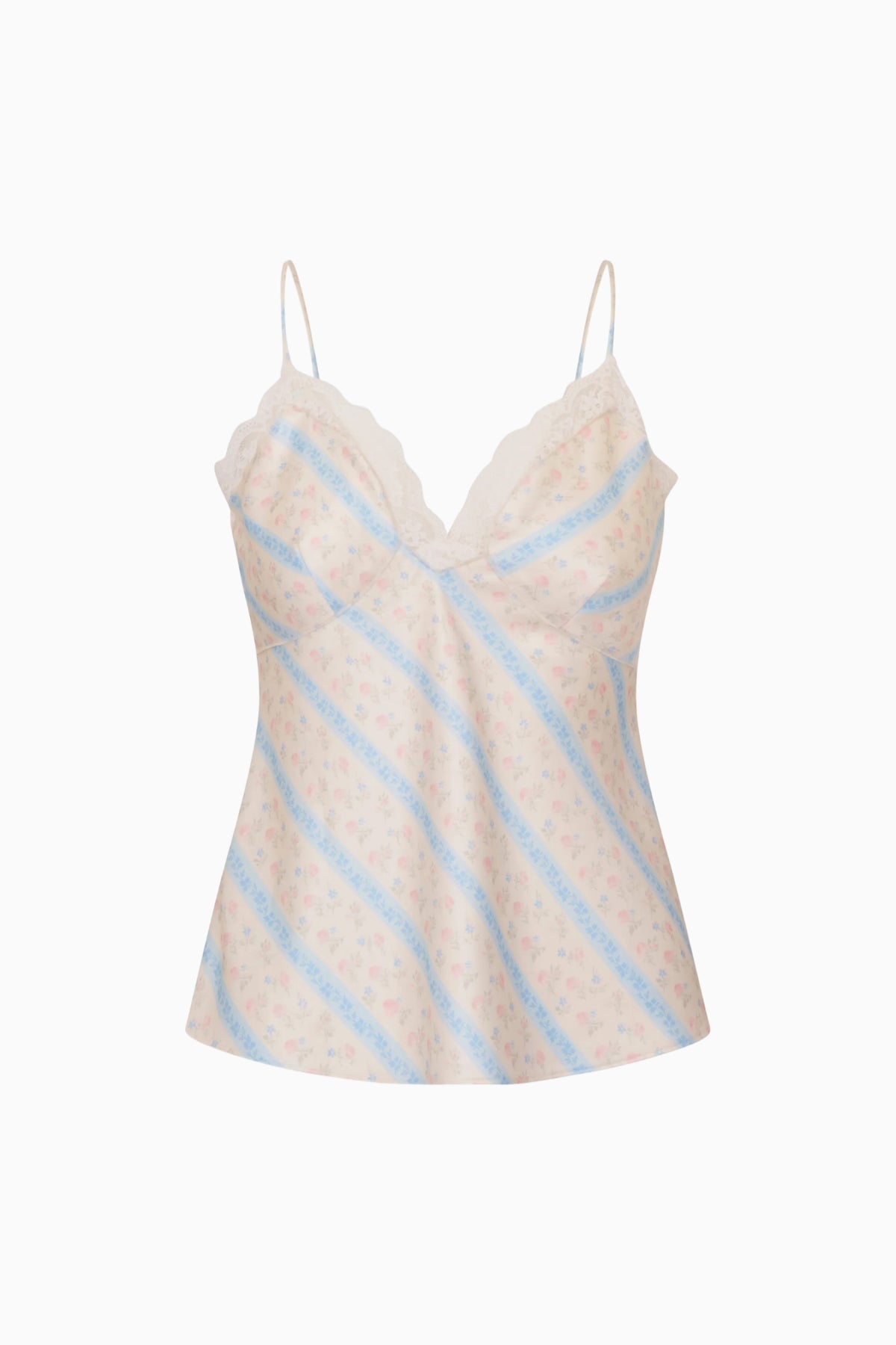 Floral stripe cami top with lace V neckline and spaghetti straps, light blue