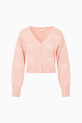 Petal pink cotton cardigan with V-neck, button front, and bow embroidery