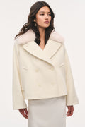 Winter white wool peacoat with faux fur collar, double-breasted buttons