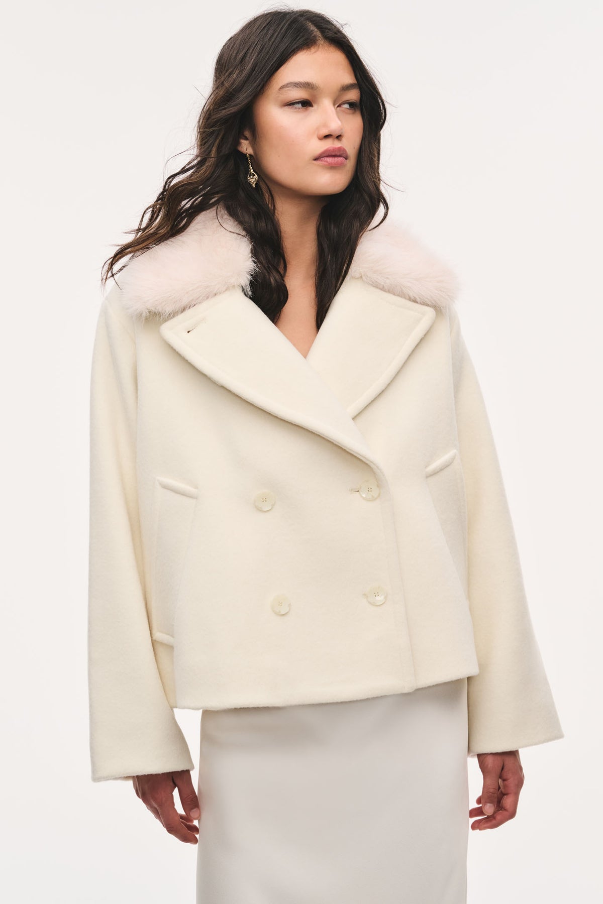 Winter white wool peacoat with faux fur collar, double-breasted buttons