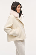 Winter white wool peacoat with faux fur collar, buttoned double-breasted front