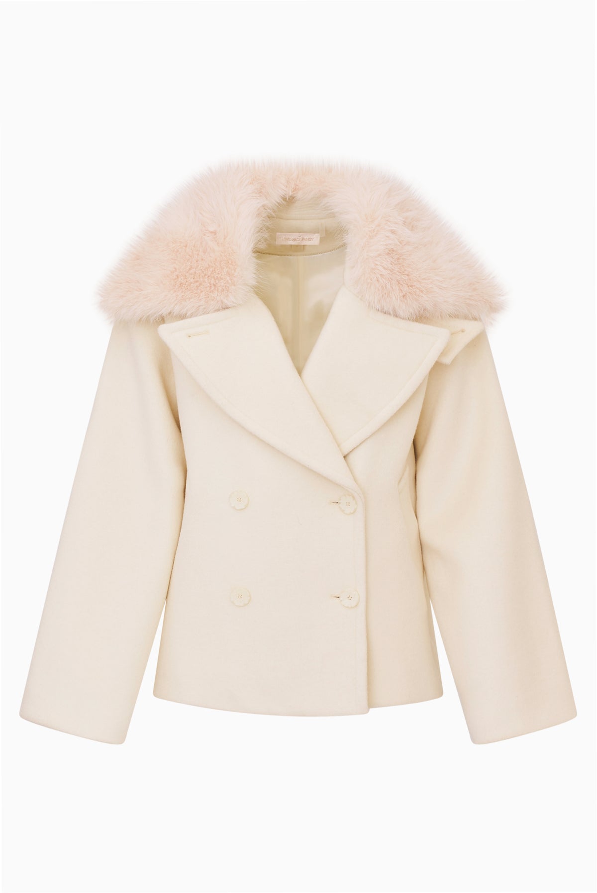 Winter white wool peacoat with faux fur collar and double-breasted button front