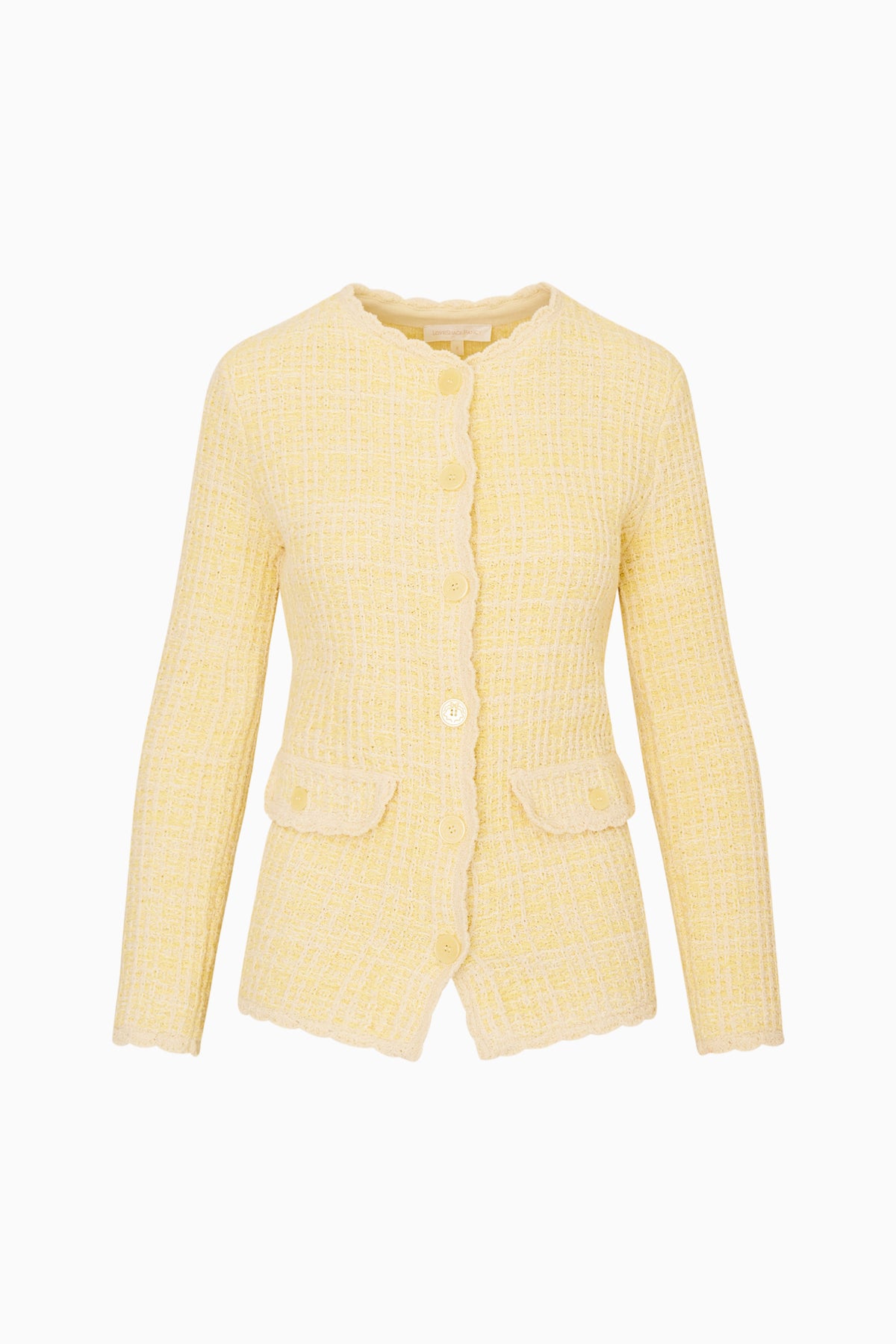 Yellow knit tweed cardigan with button front and two patch pockets, scalloped trim