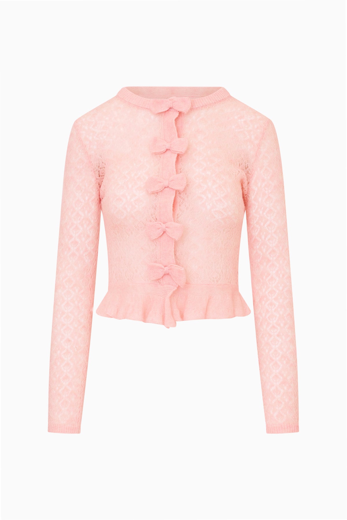 Light pink pointelle cardigan with bow-front placket and ruffle hem, long sleeves