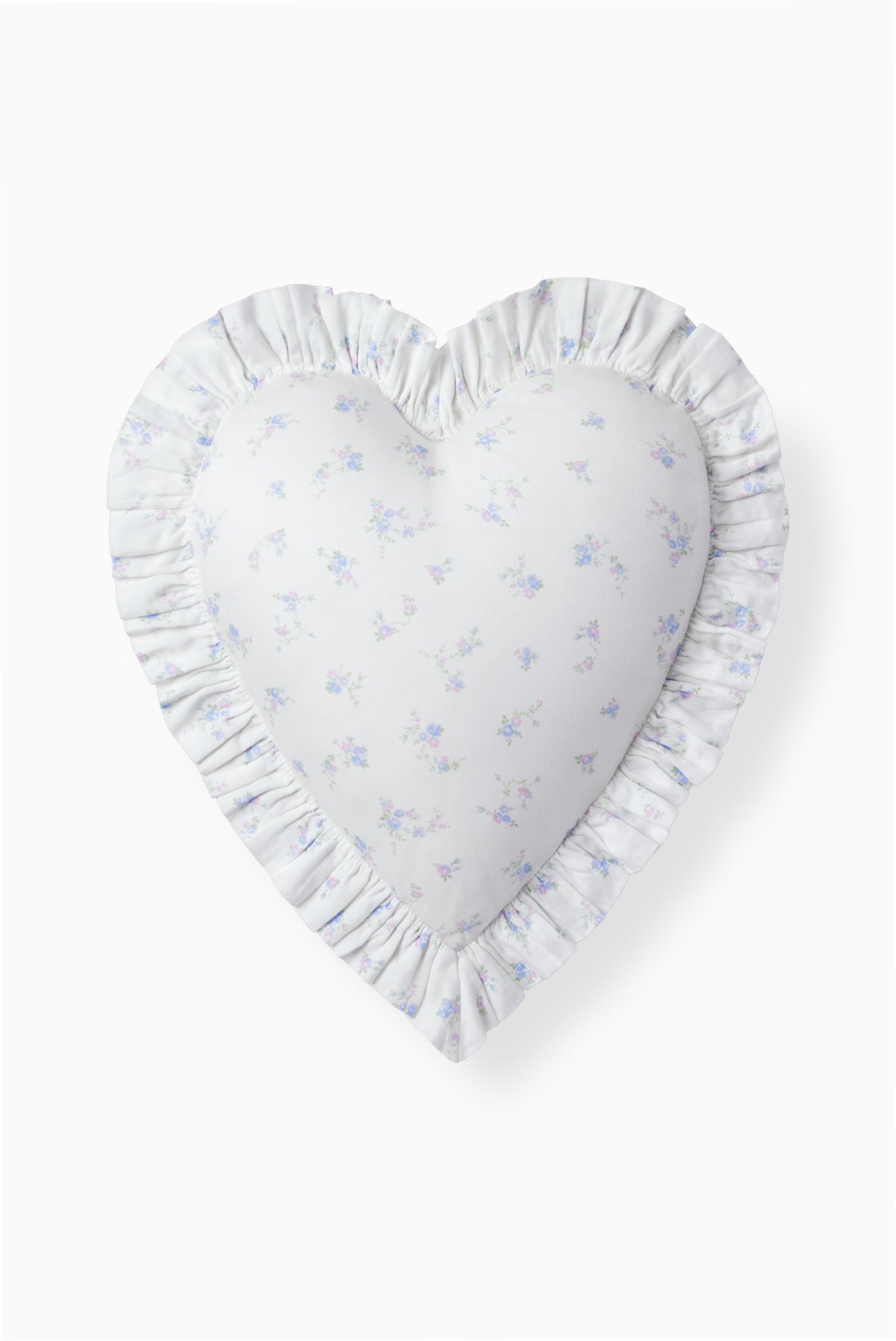 Ruffle heart decorative pillow with light blue star pattern and gathered edge trim