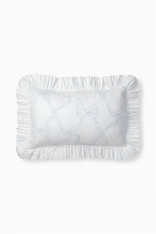 Morning mist throw pillow with ruffled edges and embroidered bow-and-vines design