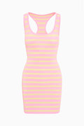 Pink and yellow striped knit tank mini dress, scoop neckline