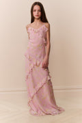 Pink floral chiffon tween dress with V-neckline, thin straps, and layered ruffle skirt