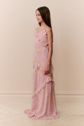 Pink floral chiffon tween maxi dress with ruffled shoulder straps and cascading tiers
