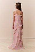 Back view pink floral chiffon tween dress with thin straps and tiered ruffle hem