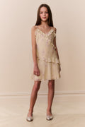 Girls floral chiffon dress with ruffled neckline and tiered skirt, pale cream
