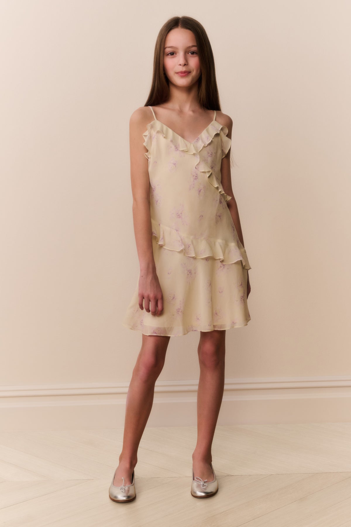 Girls floral chiffon dress with ruffled neckline and tiered skirt, pale cream