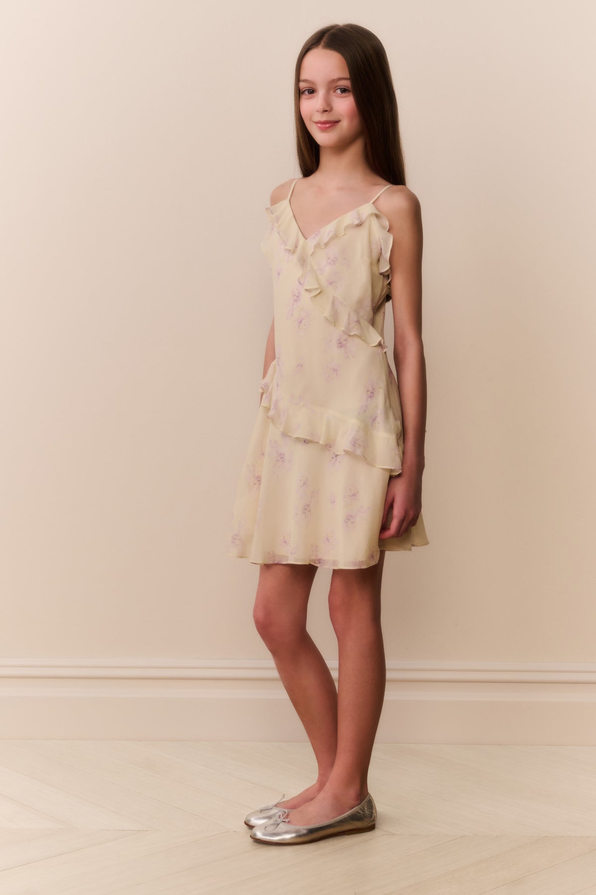 Girls floral chiffon dress with layered ruffle skirt, spaghetti straps, pale cream