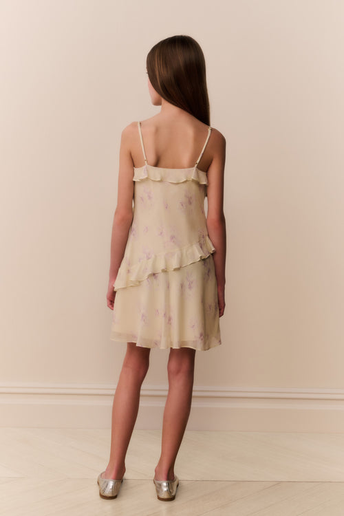 Girls floral chiffon dress with tiered ruffles and spaghetti straps, pale cream