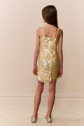 Back view: pale lemon sequin cami dress with spaghetti straps and short hem