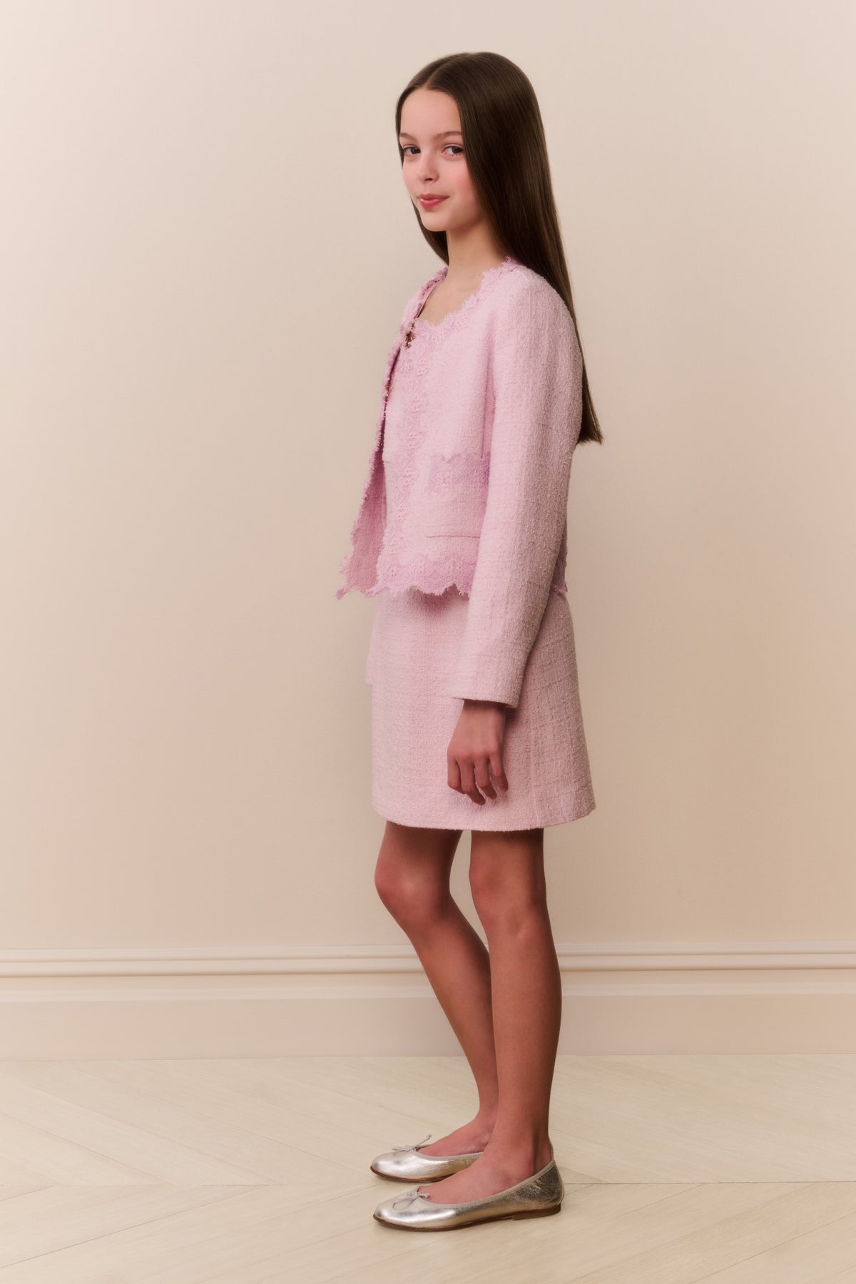 Girls pink tweed jacket with scalloped lace trim and button front