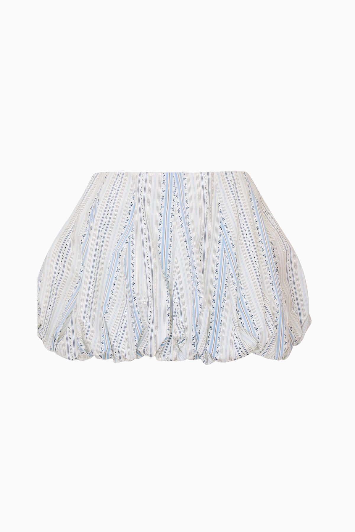Cotton mini bubble skirt with light blue vertical stripe pattern and gathered hem