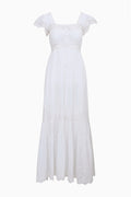 Ivory cotton lace maxi dress, square neckline, puff sleeves, and tiered skirt