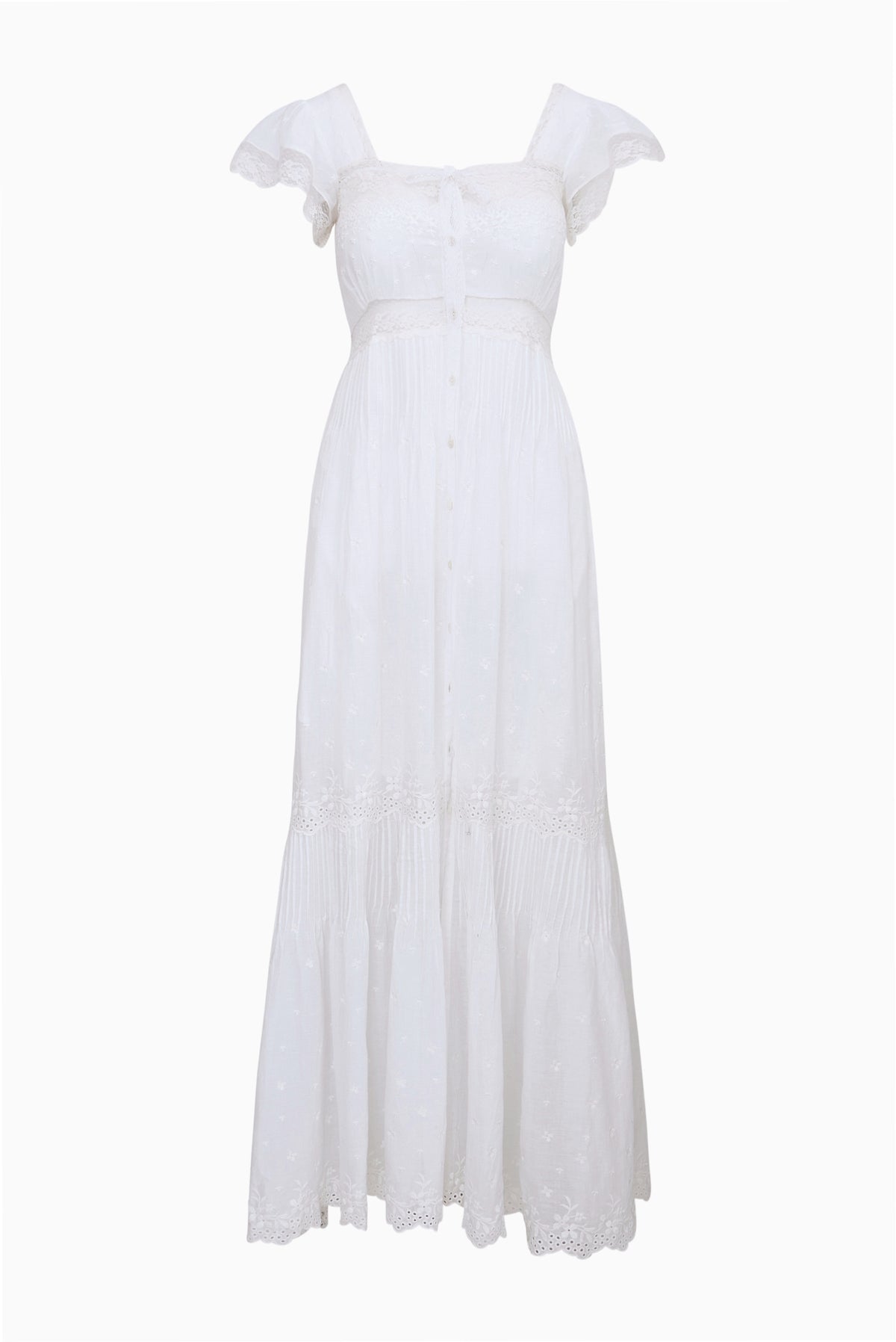Ivory cotton lace maxi dress, square neckline, puff sleeves, and tiered skirt