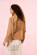 Camel suede fringe jacket, back view with vertical fringe and button closure