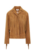 Camel suede fringe jacket, front view with button placket and long fringe trim