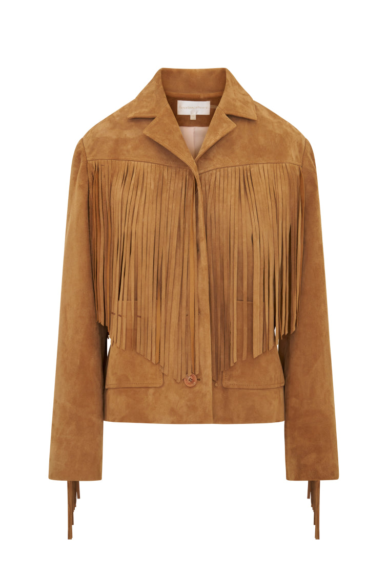 Camel suede fringe jacket, front view with button placket and long fringe trim