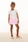Girls pink tiered ruffle skirt with elastic waistband, front view