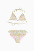 Girls' floral triangle bikini with tie straps and ruffled high-waist bottoms
