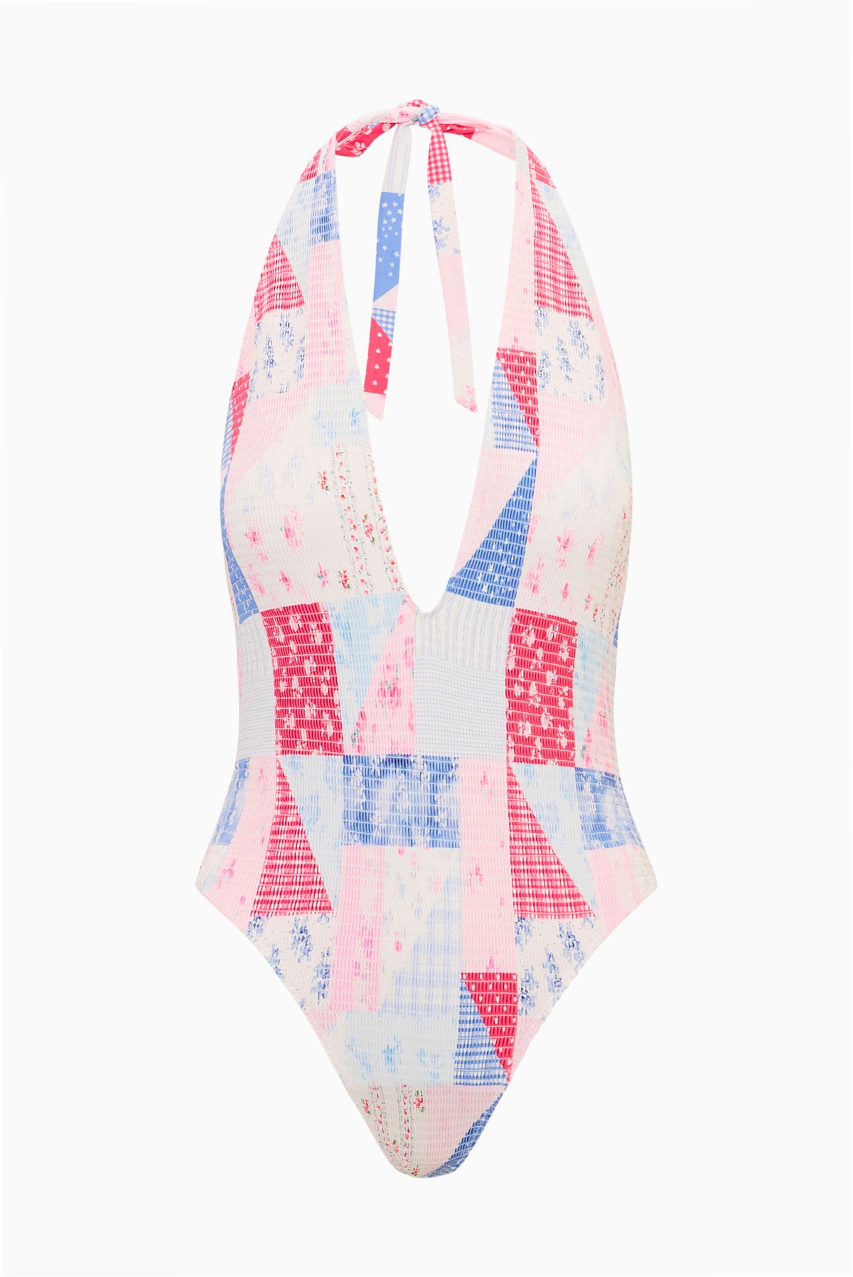 Halter one-piece swimsuit with V-neck front, patchwork print in white, blue, and pink.
