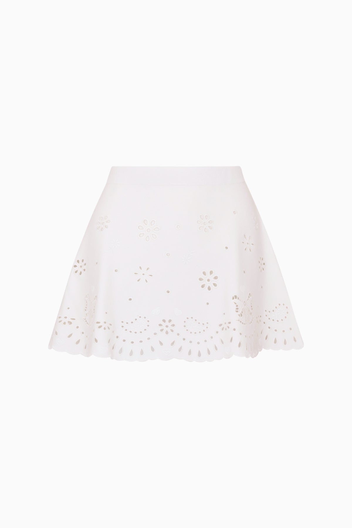 White eyelet knit mini skirt with bandana motif and scalloped hemline