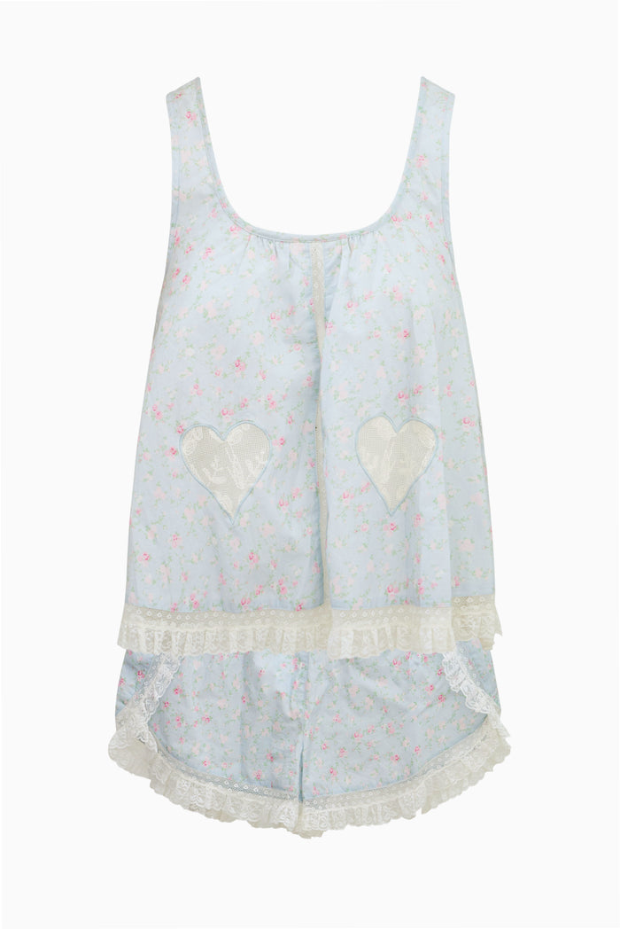 Floral pajama tank with heart embroidery, lace hem, and ruffled layered bottom - Customized