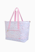 Floral XL tote with pink handles, structured sides, top open