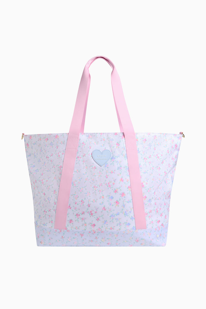 Floral XL tote with pink straps and heart emblem on front panel