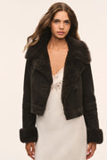 Dark cropped shearling jacket with fur-trim lapels and full plush sleeve cuffs