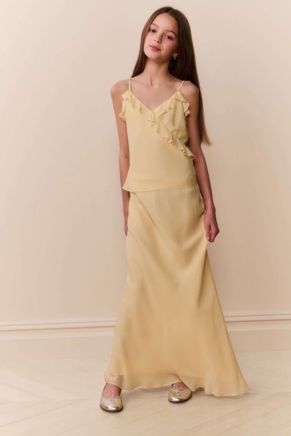 Butter lemon chiffon maxi skirt for tweens, ankle-length and gently draped