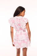 Pink floral print mini dress, V-back and tiered ruffle skirt with cap sleeves.
