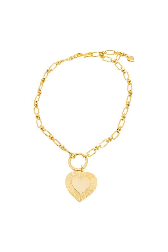 Gold heart pendant necklace with link chain and small circular clasp