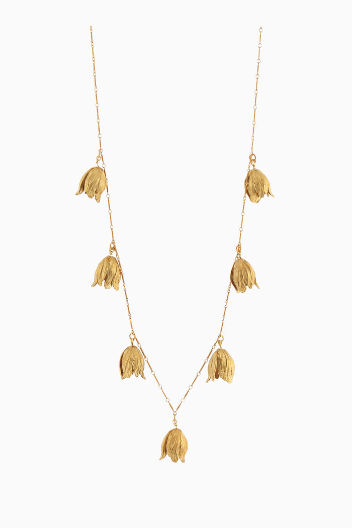 Gold tulip charm necklace with long chain and hanging tassel flower drops