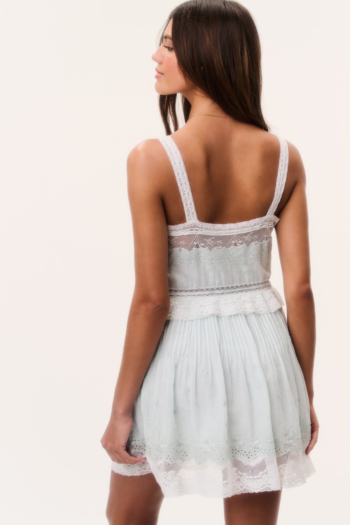 Light blue cotton mini dress with lace back straps and tiered lace-trim skirt