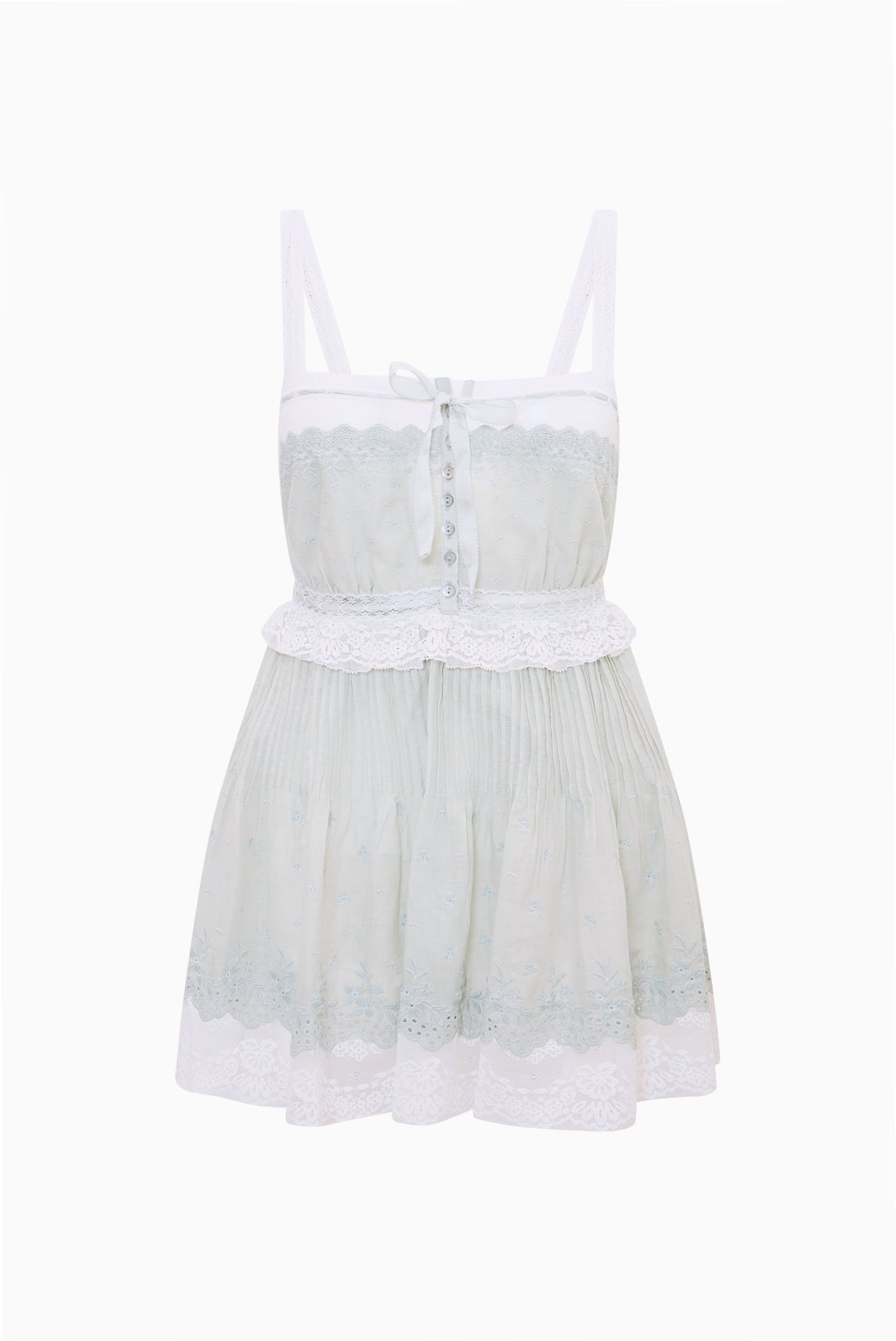 Light blue cotton mini dress with lace-trim bodice, spaghetti straps, tassel button front