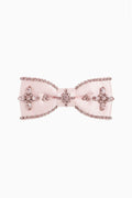 Pink satin bow barrette with crystal trim and three flower rhinestone accents