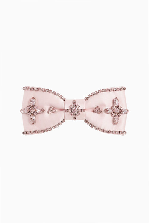 Pink satin bow barrette with crystal trim and three flower rhinestone accents