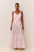 Toile print cover-up dress in pale pink with thin straps and tie waist, tiered skirt
