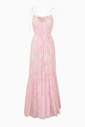Ivory-to-pink toile print cover-up dress with spaghetti straps, tie waist, tiered skirt