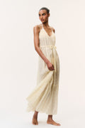 Light yellow cotton cover-up dress with spaghetti straps, V-neck, gathered waist