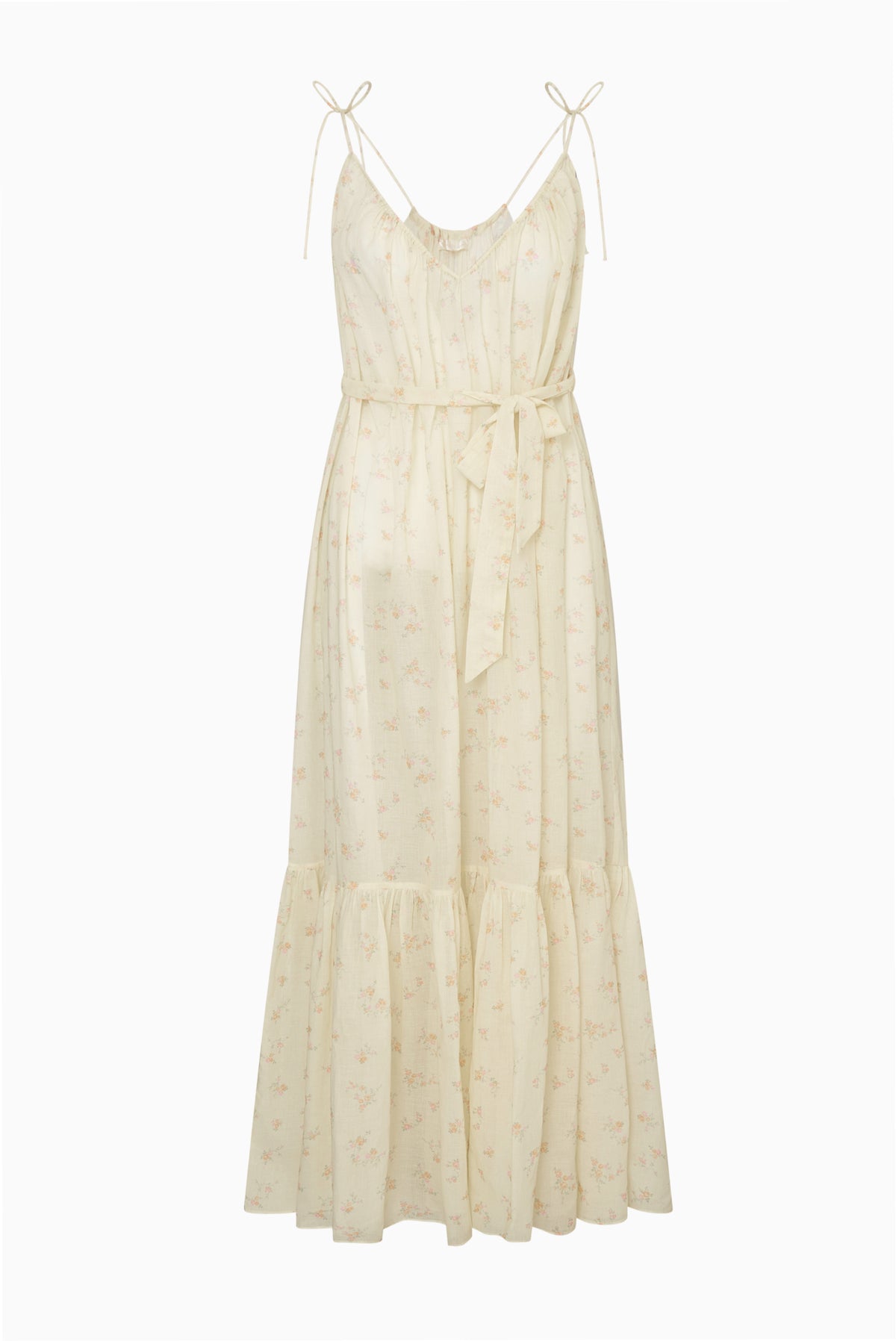 Light yellow cotton cover-up dress flat lay with spaghetti straps, V-neck, tiered skirt