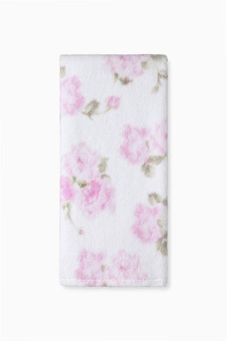 White printed hand towel with pink floral and small leaf motifs